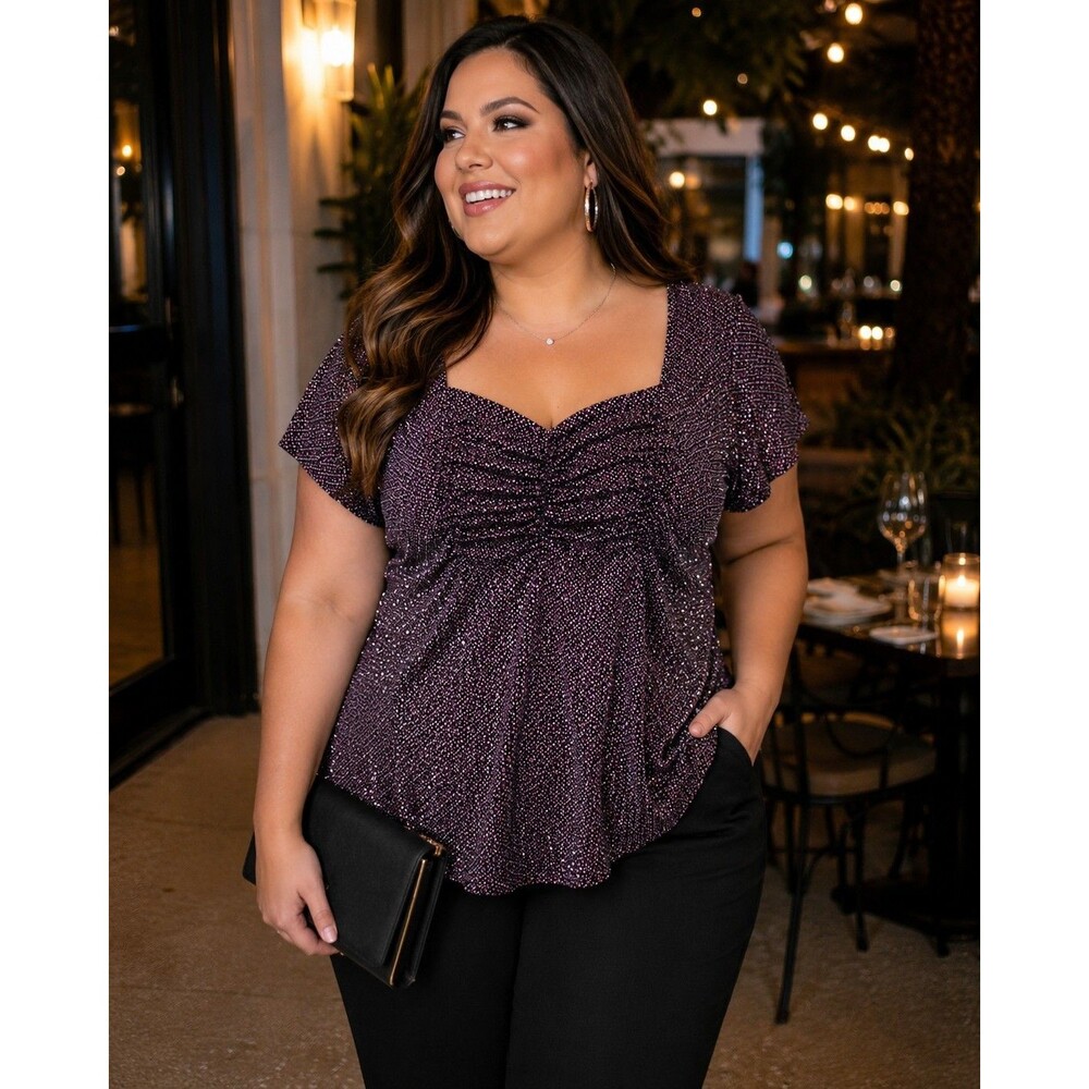 Studio 1940 Top Women Black Sheer Lace Overlay Sequin Purple 1X Ruffled